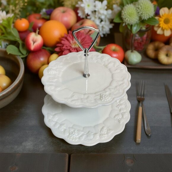 Vintage Milk Glass Two-Tier Tray Westmoreland Paneled Grape Dessert Stand for We - Picture 1 of 8